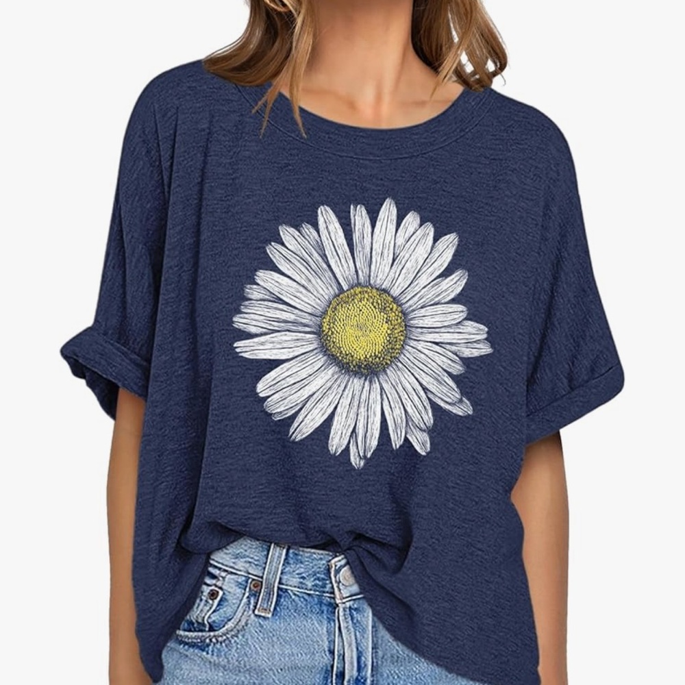 Chic Nation Blue and White Graphic Cuffed Sleeve Tee
